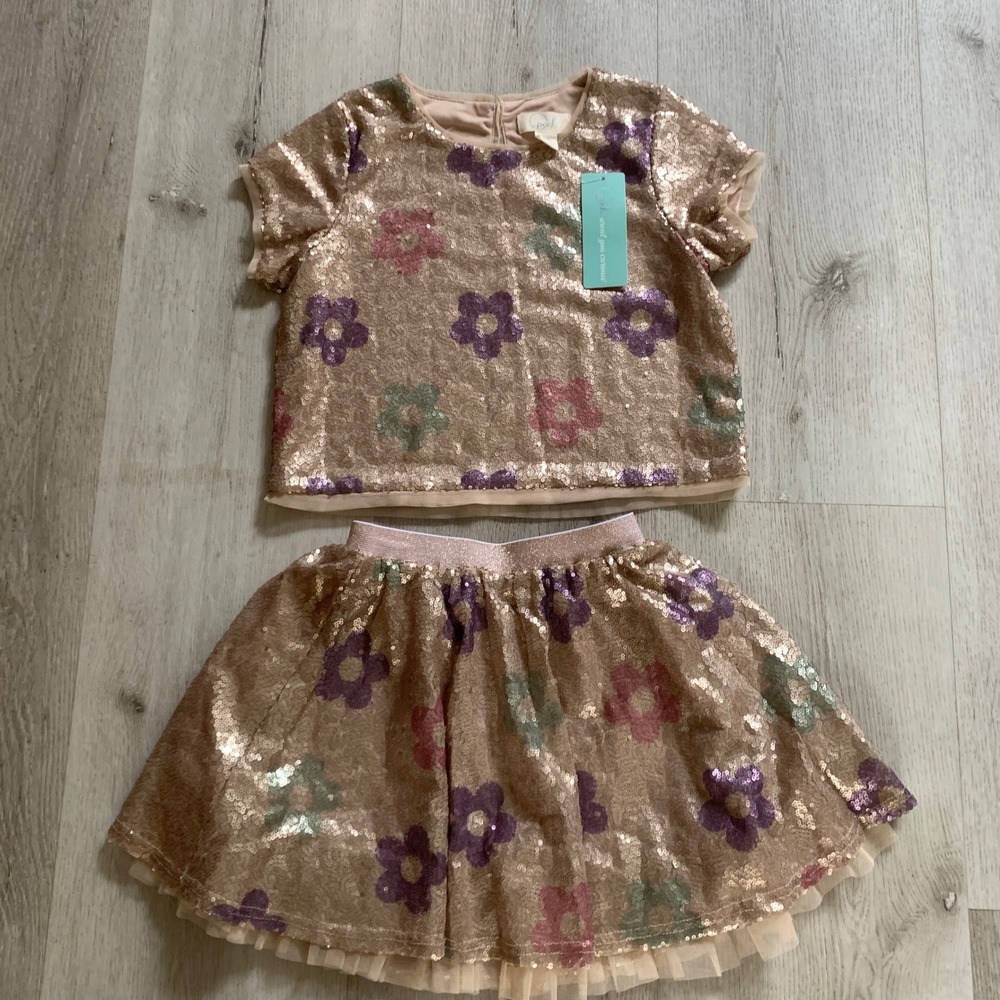 Peek Aren't You Curious Girls Rose Gold Sequin Floral Skirt and Top Set 6/7 NWT